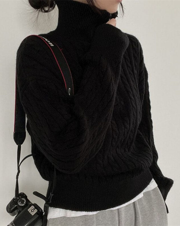 Valenzora Vintage Rollkragen-Reißverschluss-Twist-Strickpullover