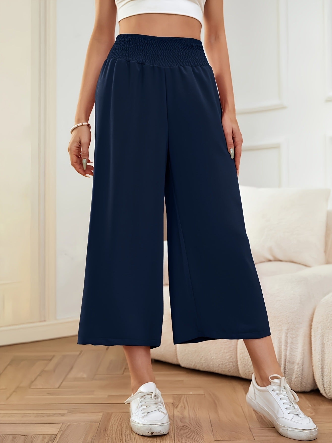 Damen-Palazzohose mit weitem Bein, hoher Taille, Gummibund und fließendem Stoff, Größe S