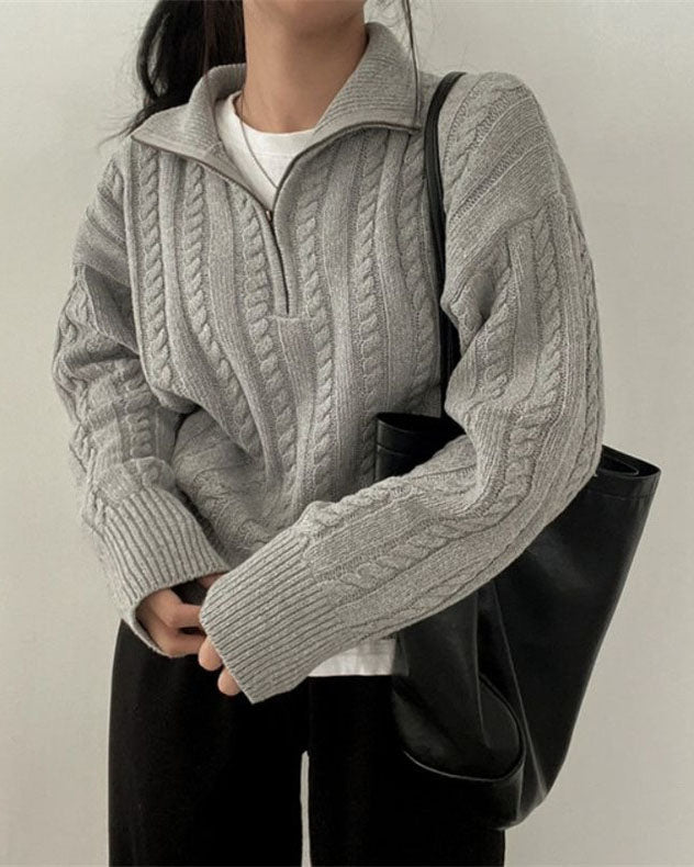 Valenzora Vintage Rollkragen-Reißverschluss-Twist-Strickpullover