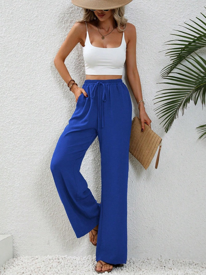 Women's elegant wide-leg trousers made from a lightweight cotton blend with elasticated waistband, size [size missing]