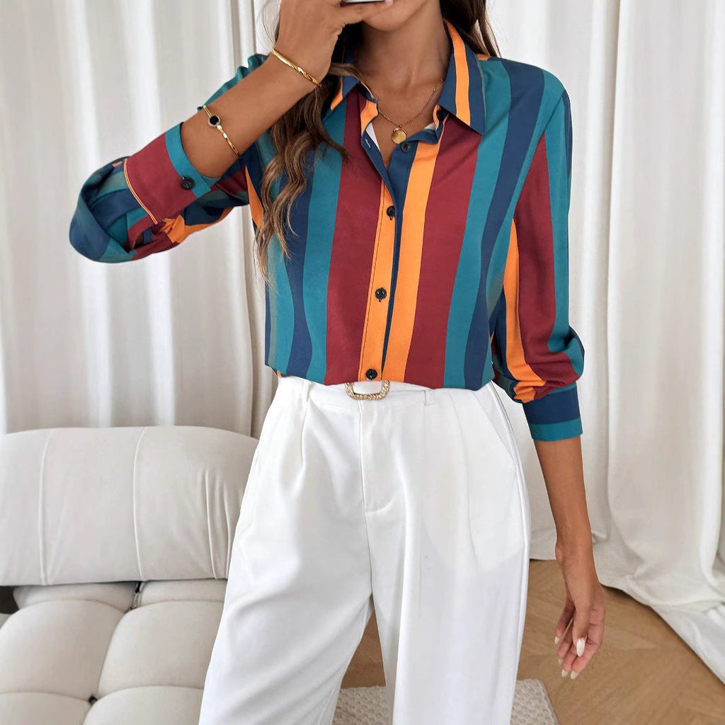 Women's blouse with colorful striped pattern and elegant button placket, size