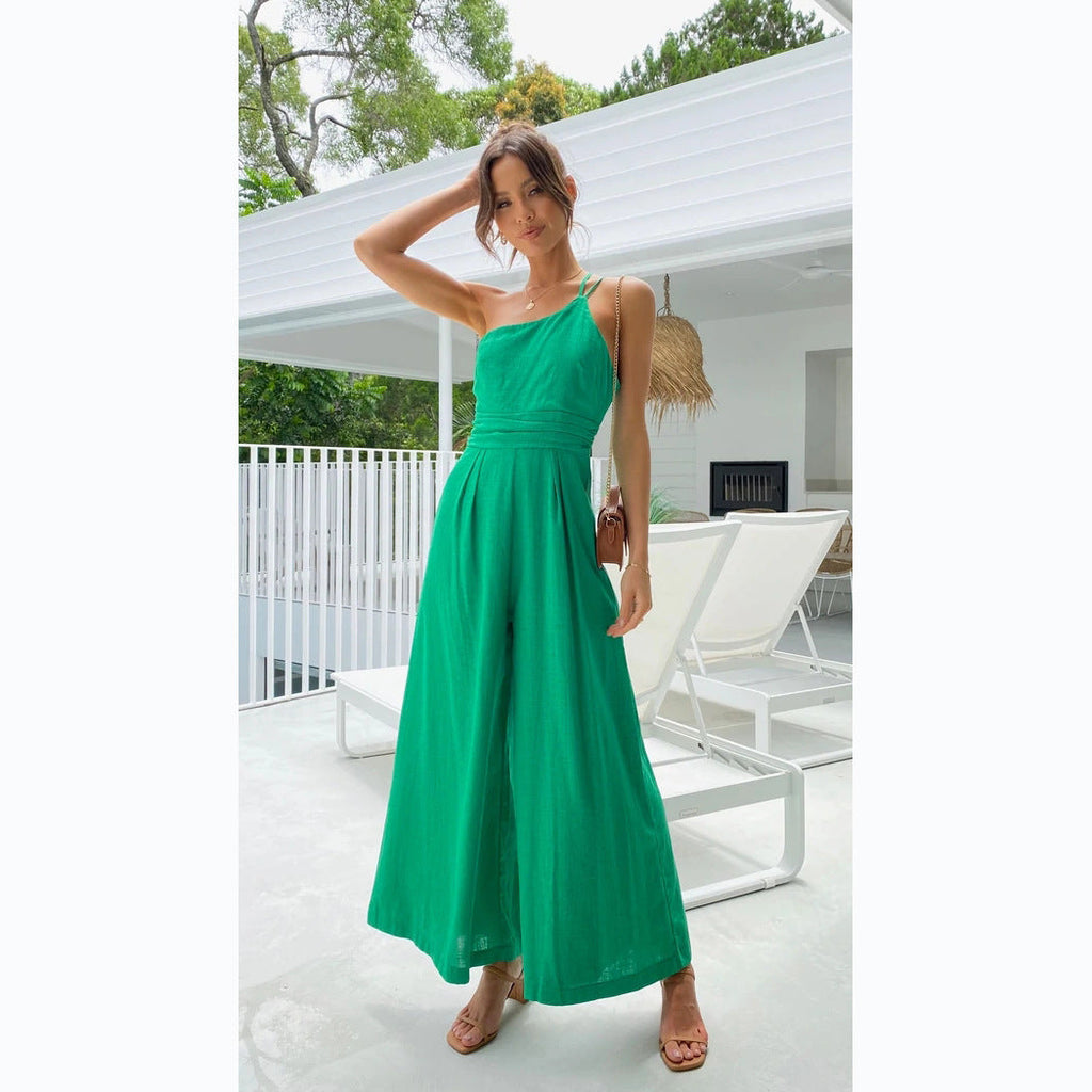 Damen-Jumpsuit mit weitem Bein und eleganten Spaghettiträgern, Größe