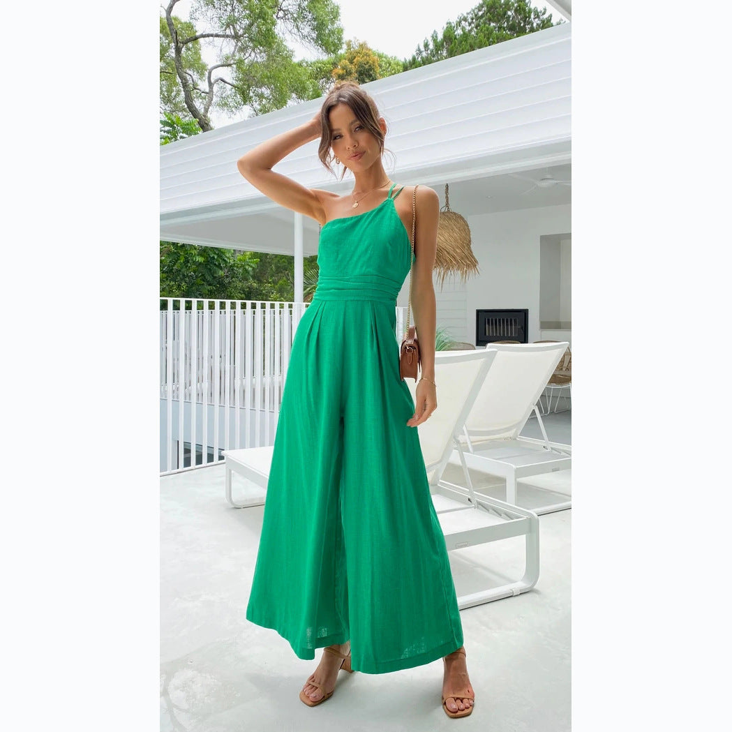 Damen-Jumpsuit mit weitem Bein und eleganten Spaghettiträgern, Größe