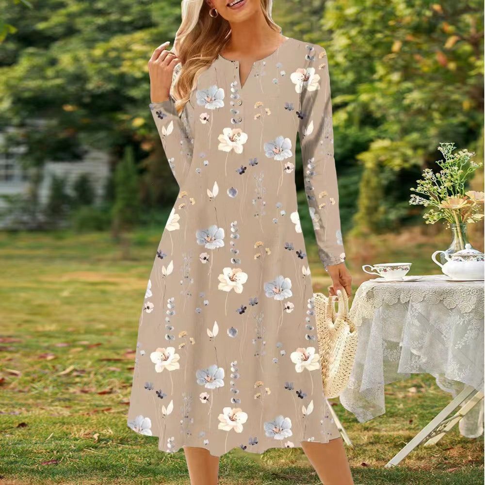 Valenzora | Printed V-neck button-up long-sleeved dress