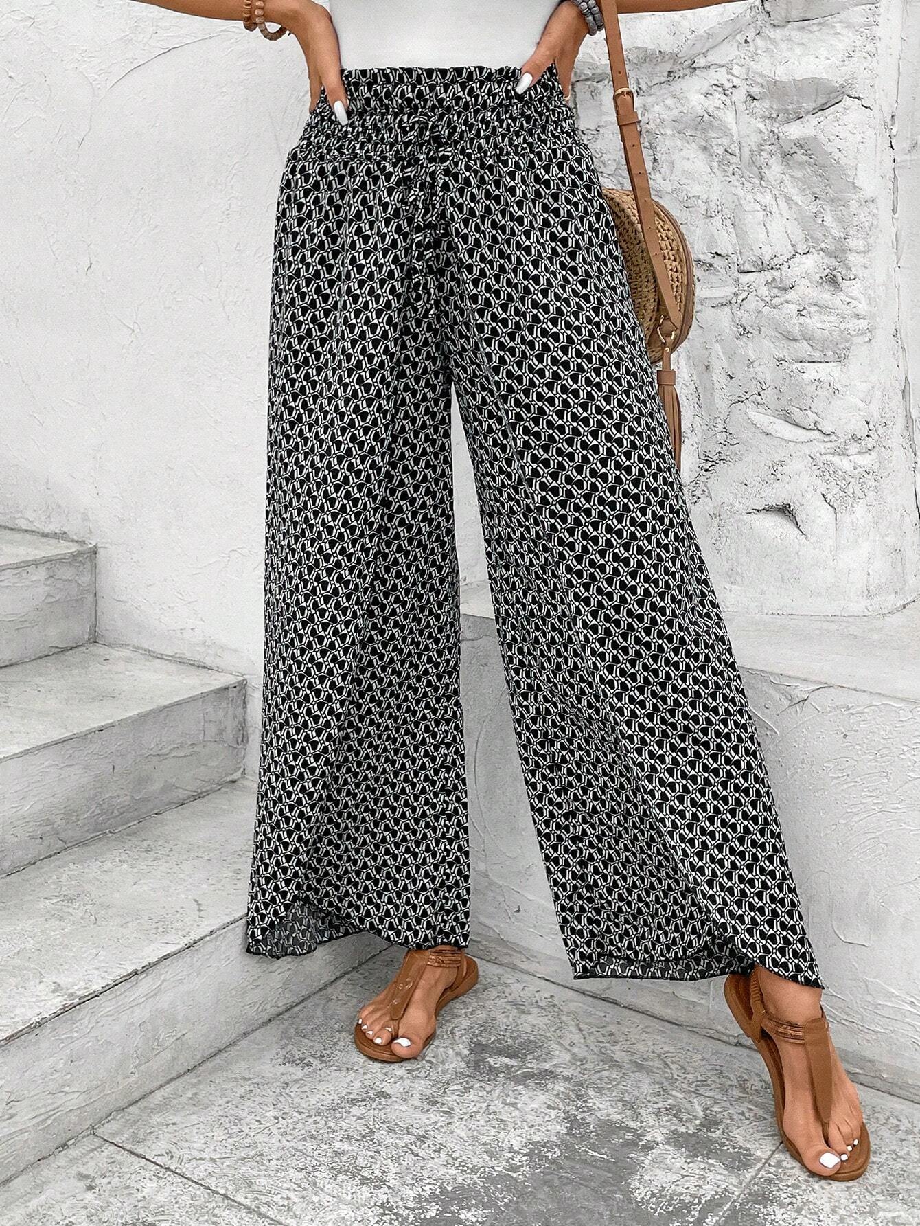 Damen-Sommerhose mit weitem Bein, elastischem Bund und Blumenmuster, Größe S