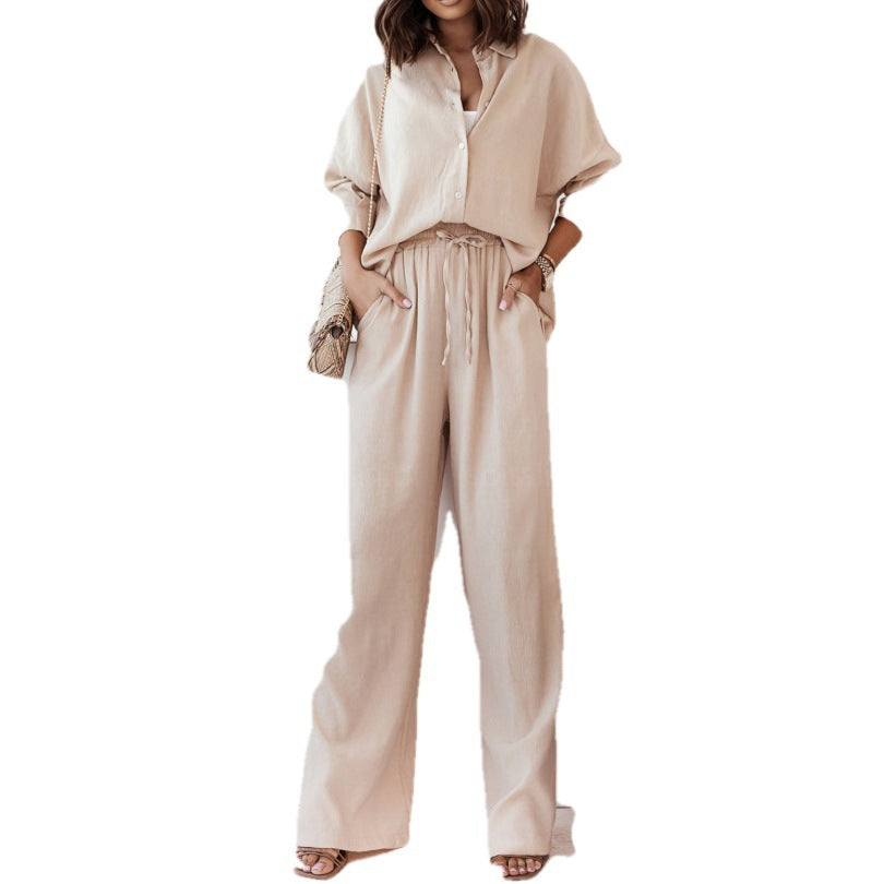Women's casual two-piece set with long-sleeved blouse and wide-leg trousers, size