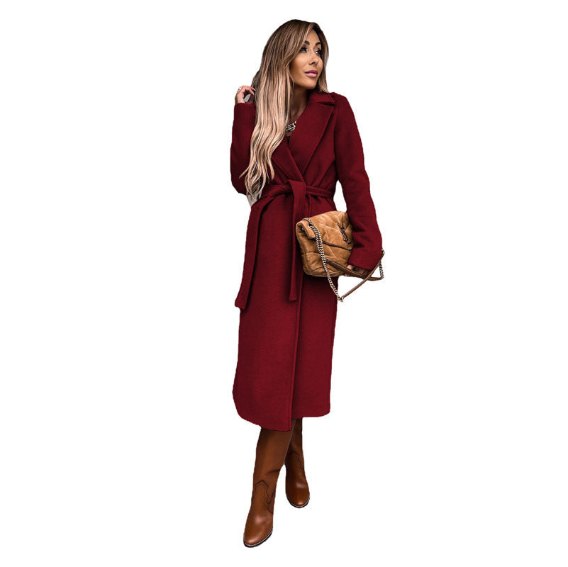 Women's elegant long coat with belt and high collar, size