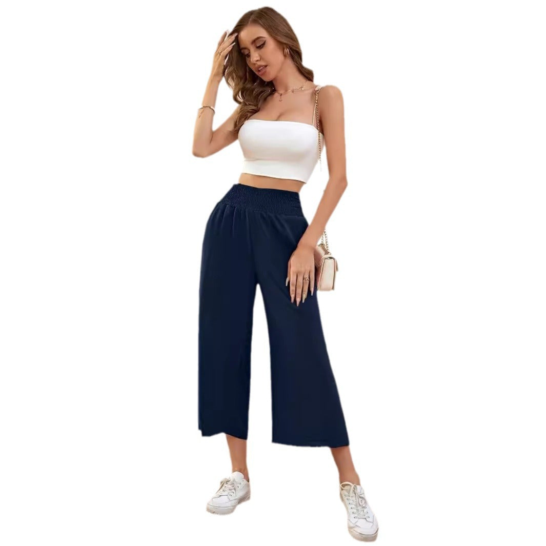 Damen-Palazzohose mit weitem Bein, hoher Taille, Gummibund und fließendem Stoff, Größe S