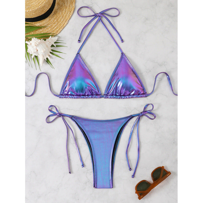 Damen-Triangel-Bikini mit glitzerndem Metallic-Finish und verstellbaren Trägern, Größe [size]