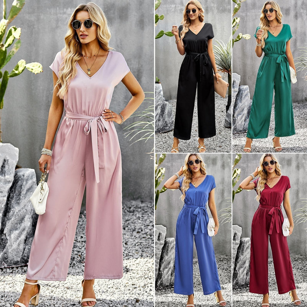 Women's elegant jumpsuit with V-neck and tie belt, size