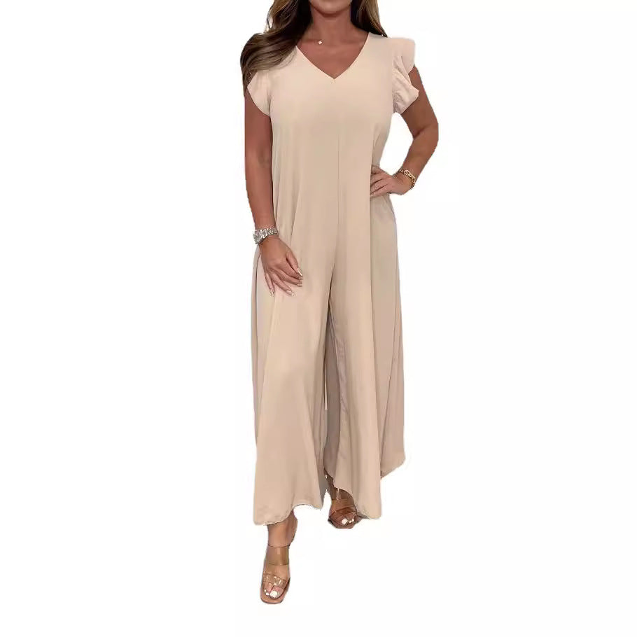 Exklusiver Damen-Jumpsuit mit voluminösen Rüschenärmeln und V-Ausschnitt, Größe S