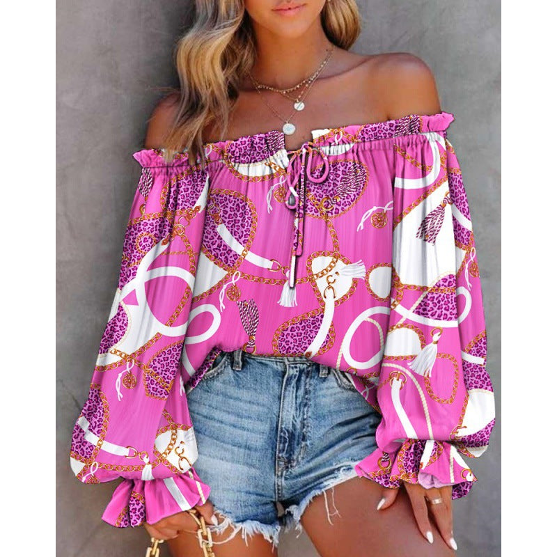 Women's off-the-shoulder blouse with colorful pattern and elastic hem, size [size missing]