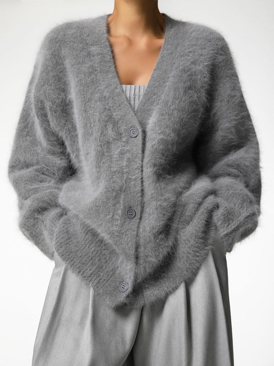 Valenzora Plush Loose Long Sleeve V-Neck Buttoned Cardigan