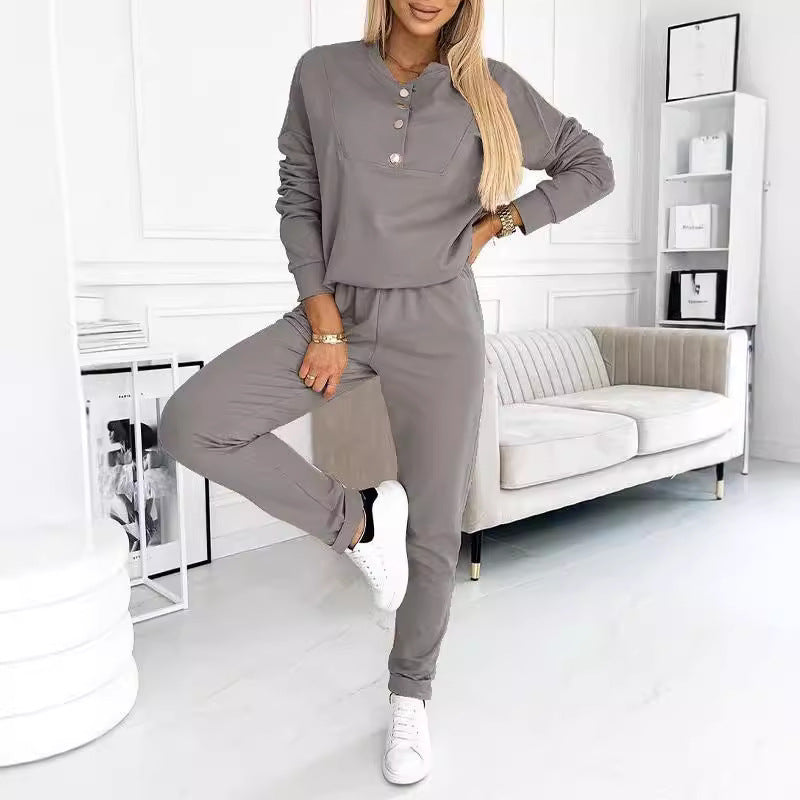 Women's casual jumpsuit with asymmetrical neckline and button details