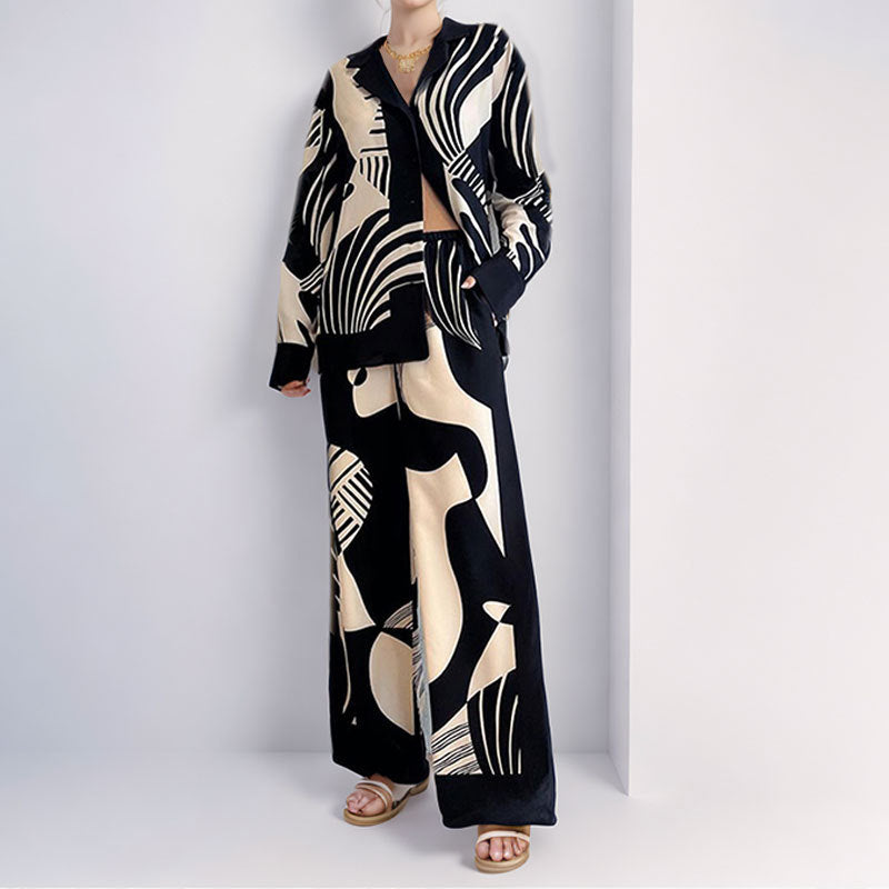 Women's elegant lounge set with an artsy motif and a wide cut, size S