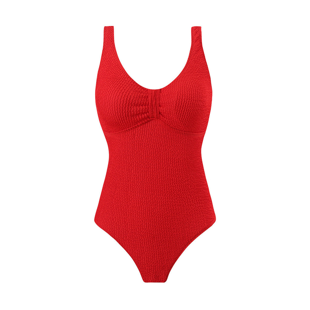 Women's one-piece swimsuit with textured outer material and sporty cut, size S