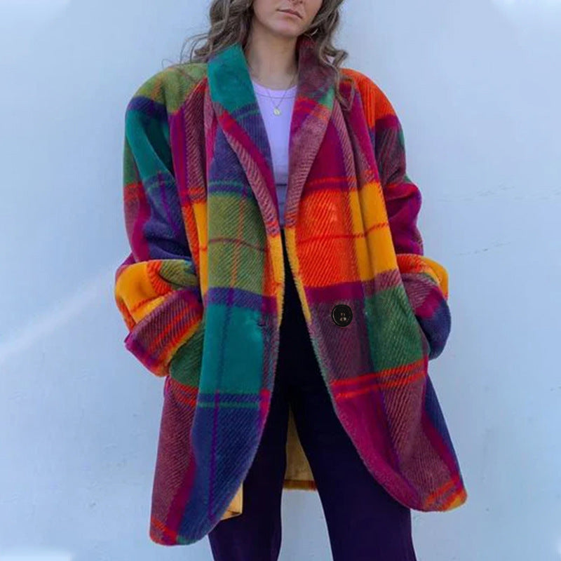 Women's Patterned Oversized Coat with Check Design and Soft Material, Size