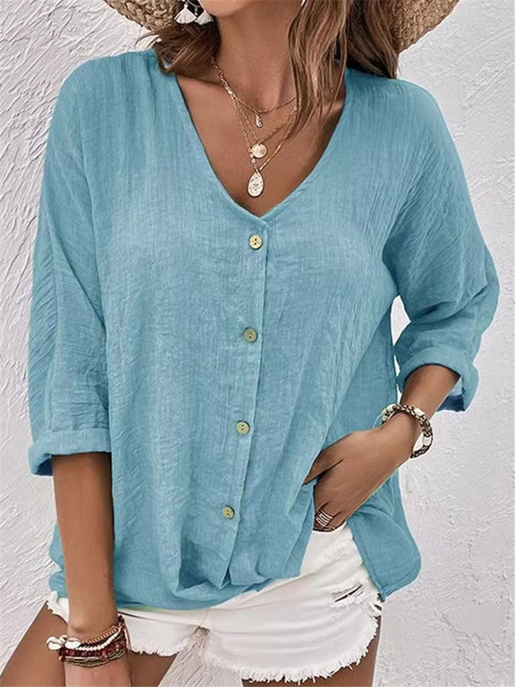 Women's casual blouse with button placket and V-neck, size