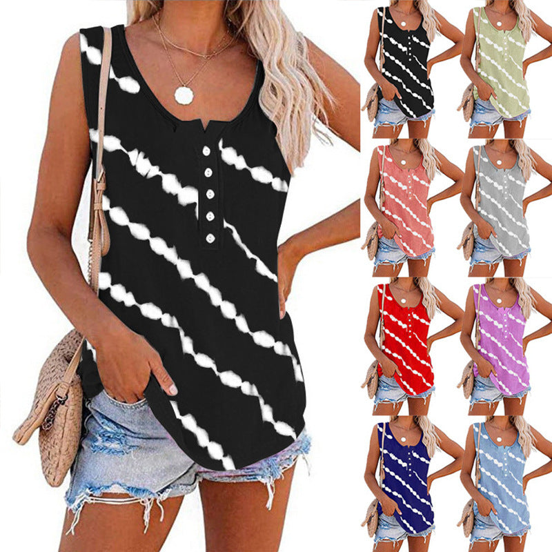 Ärmelloses Damen-Top mit Knopfleiste und modernem Batikmuster, Größe