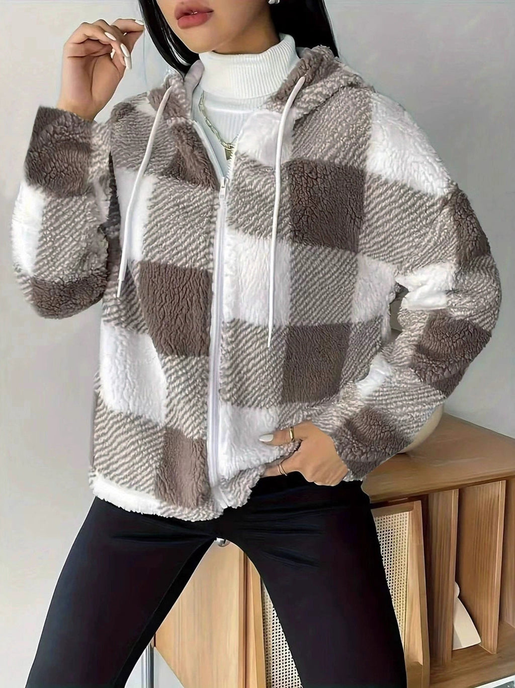 Valenzora | Checkered Teddy Hoodie Jacket | Warm and comfortable for winter
