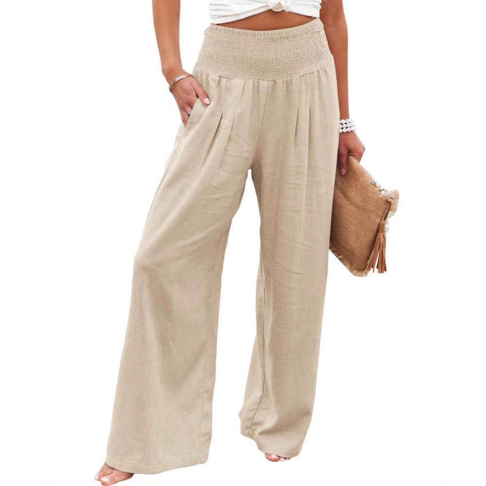 Damen-Leinenhose mit weitem Bein, elastischem Bund und Bundfalten, Größe
