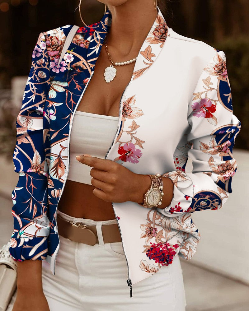 Women's sporty bomber jacket with floral design and contrasting sleeve accents, size Valenzora