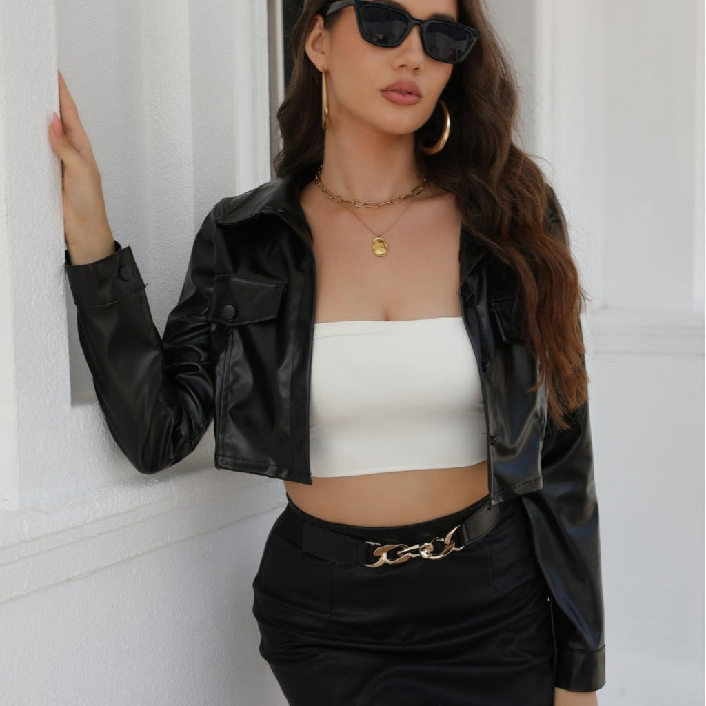 Women's cropped faux leather jacket with classic collar and fashionable cut, size S