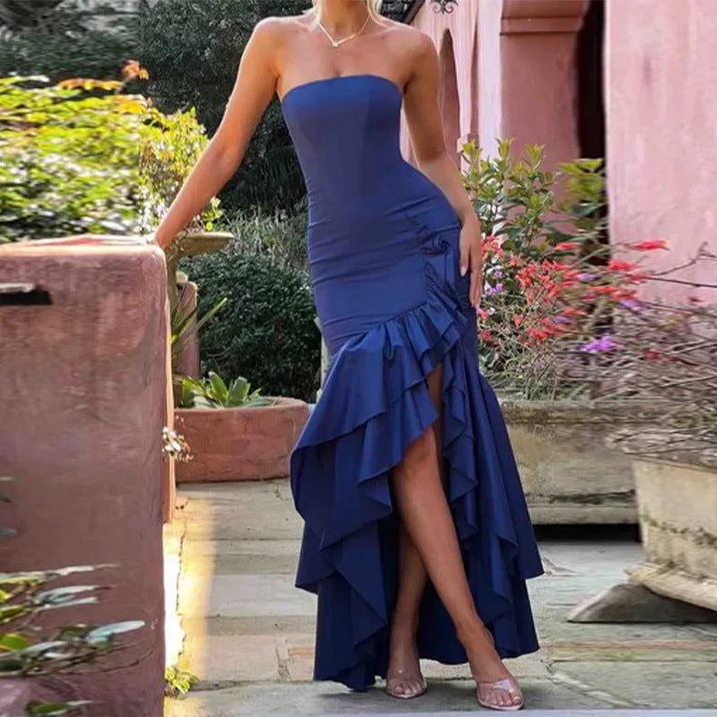 Women's evening dress with movable ruffled skirt and fitted top, size
