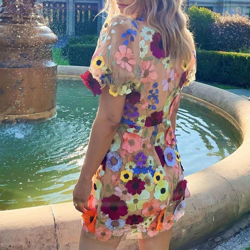 Valenzora | 3D-Blumen-Body Laternenärmel Besticktes Kleid