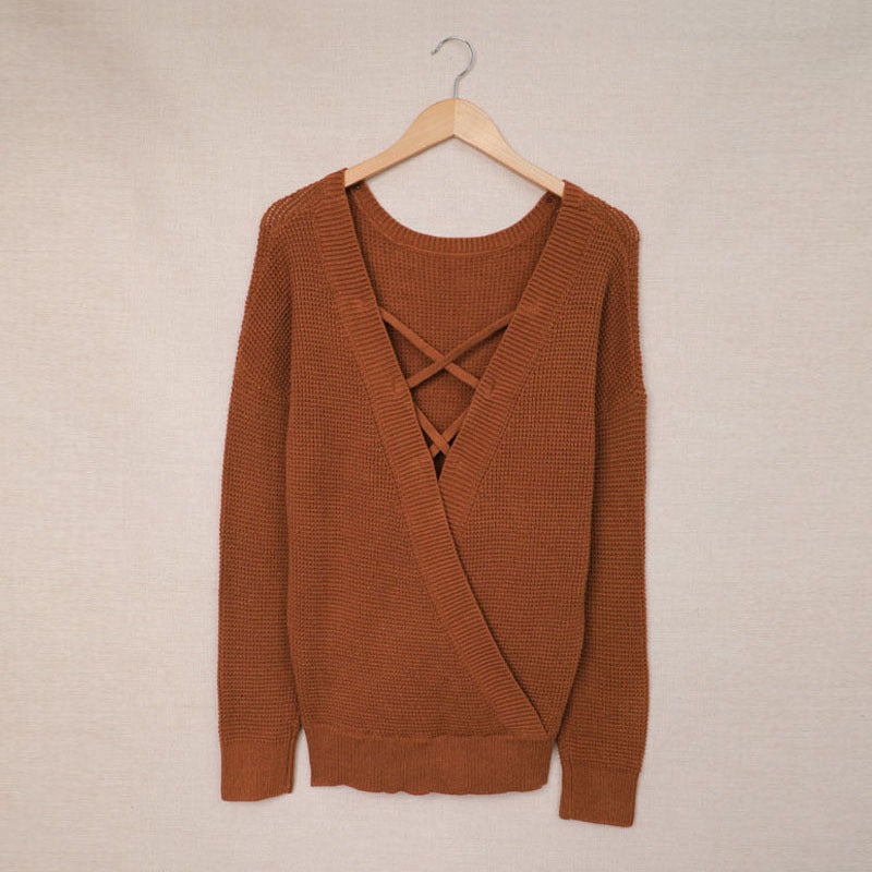 Women's casual knit sweater with open back design, size