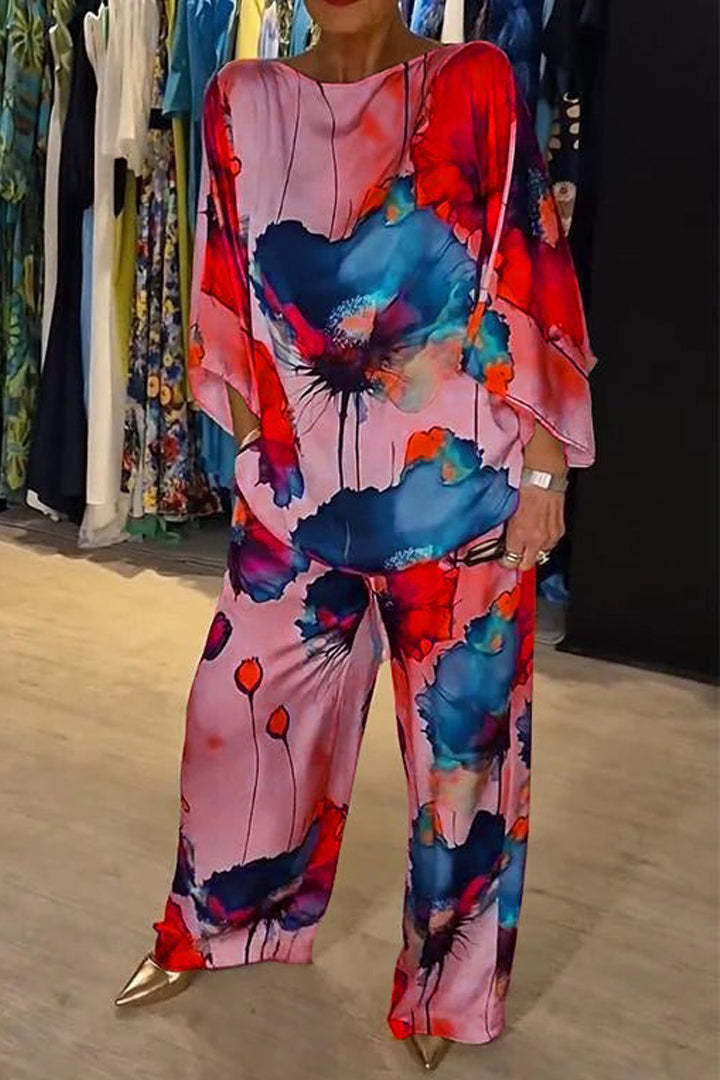 Valenzora | Elegant satin one-shoulder printed loose set