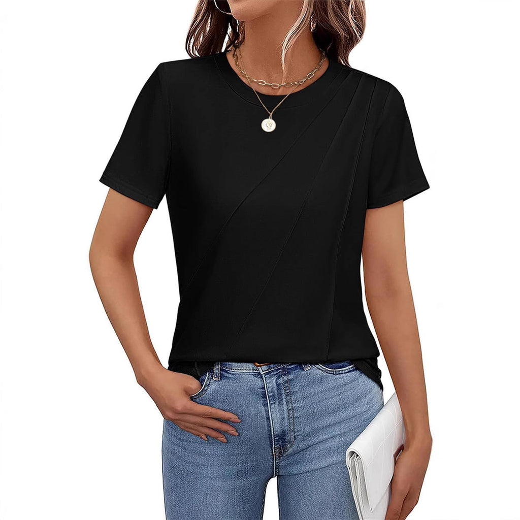Valenzora | Solid color striped loose round neck short sleeve top