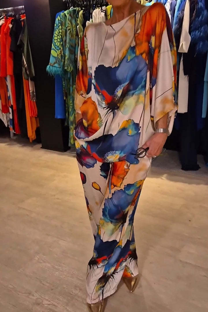 Valenzora | Elegant satin one-shoulder printed loose set