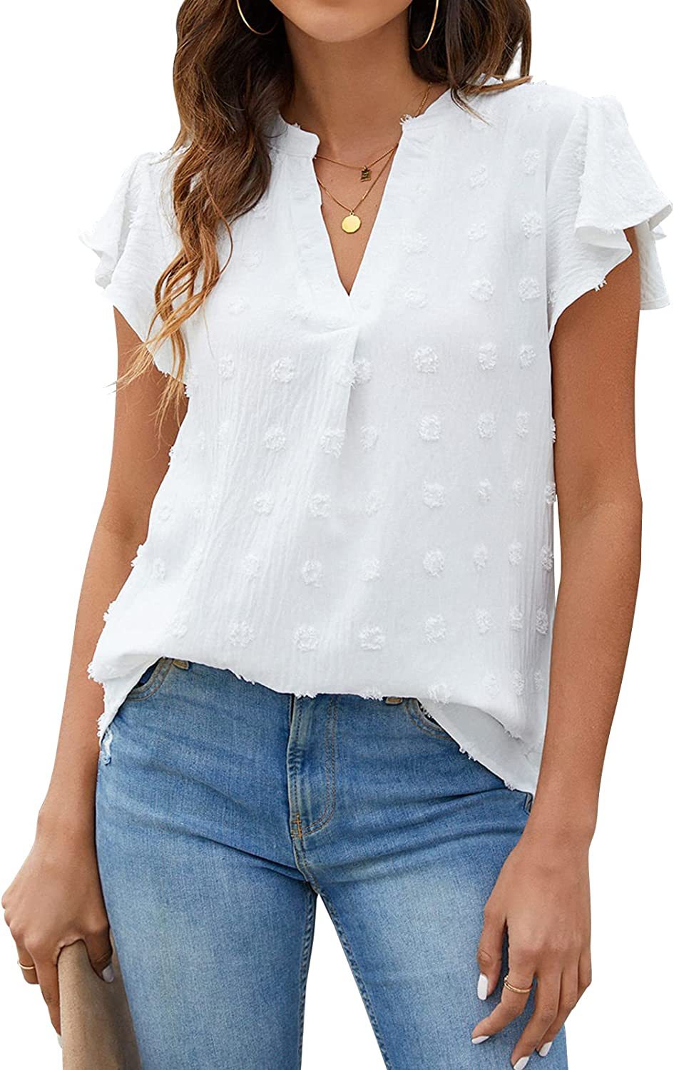 Women's blouse with decorative lace trim and button details, size