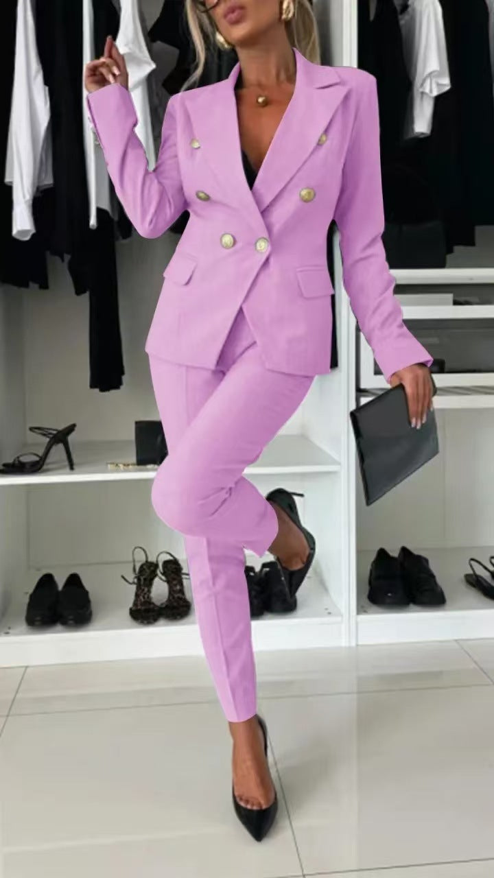 Women's elegant business suit set with double button placket and slim fit, size