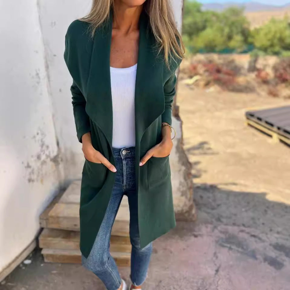 Damen Freizeit-Oversize-Mantel mit offenem Kragen und praktischen Taschen, Größe S
