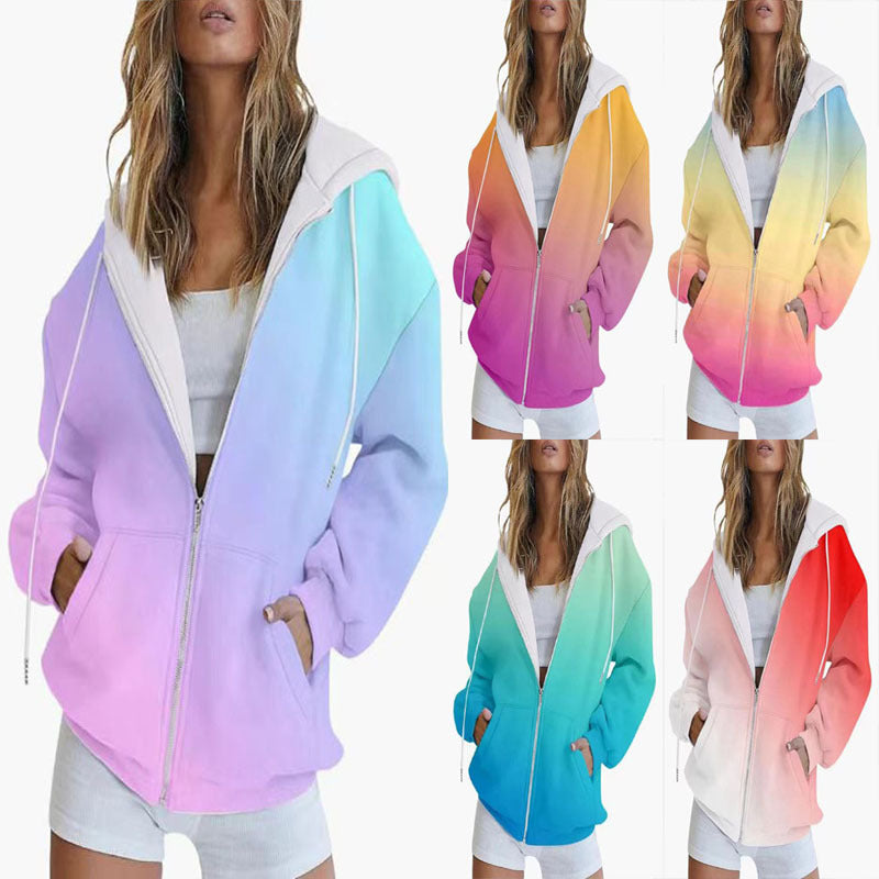 Women's hooded jacket with gradient color scheme and deep pockets, size