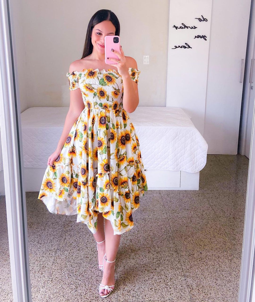 Women's summer off-the-shoulder dress with a colorful butterfly pattern and flowing pleats, size S