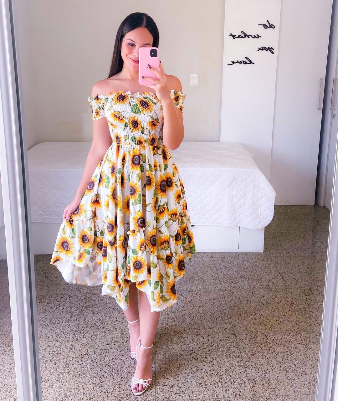 Women's summer off-the-shoulder dress with a colorful butterfly pattern and flowing pleats, size S