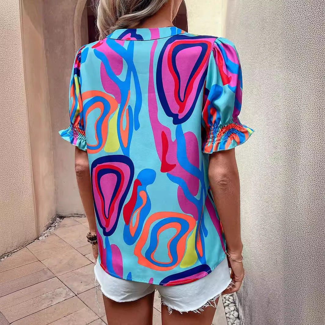 Valenzora | Kurzarmhemd mit Puffärmeln und abstraktem Print