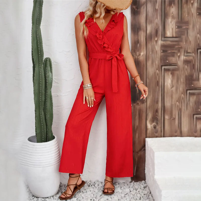 Eleganter Damen-Jumpsuit mit Rüschendetails und Taillengürtel, Größe