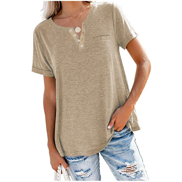 Women's casual T-shirt with button placket and chest pocket, size