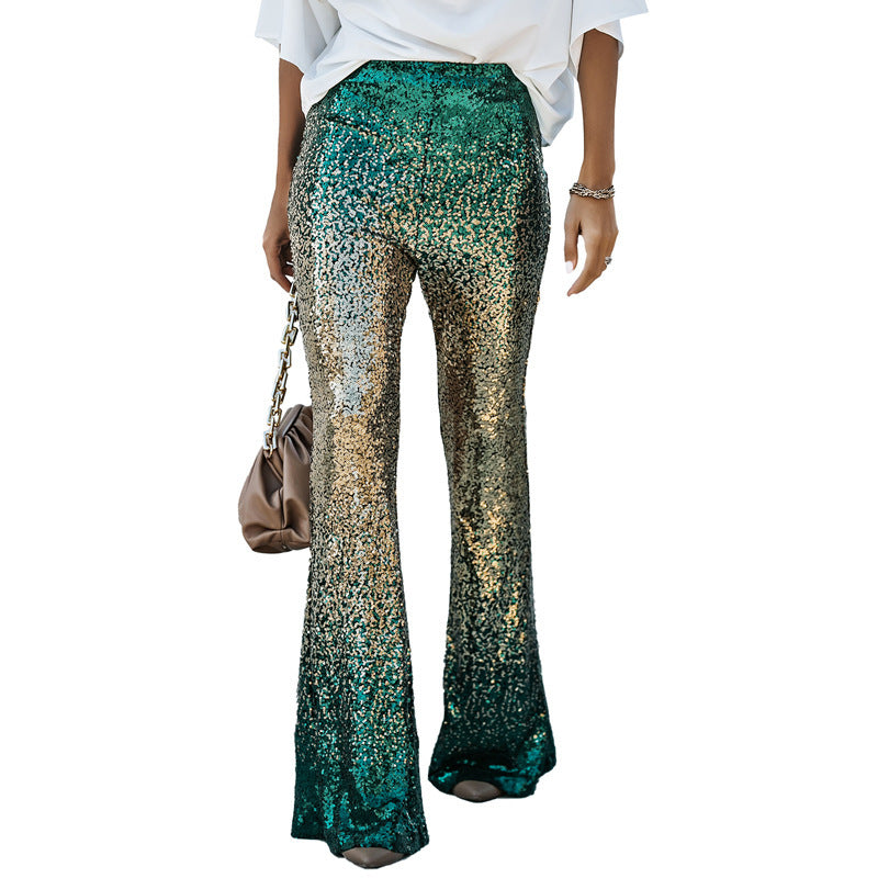 Women's Glittering Flared Trousers with Luxurious Sequin Pattern, Size