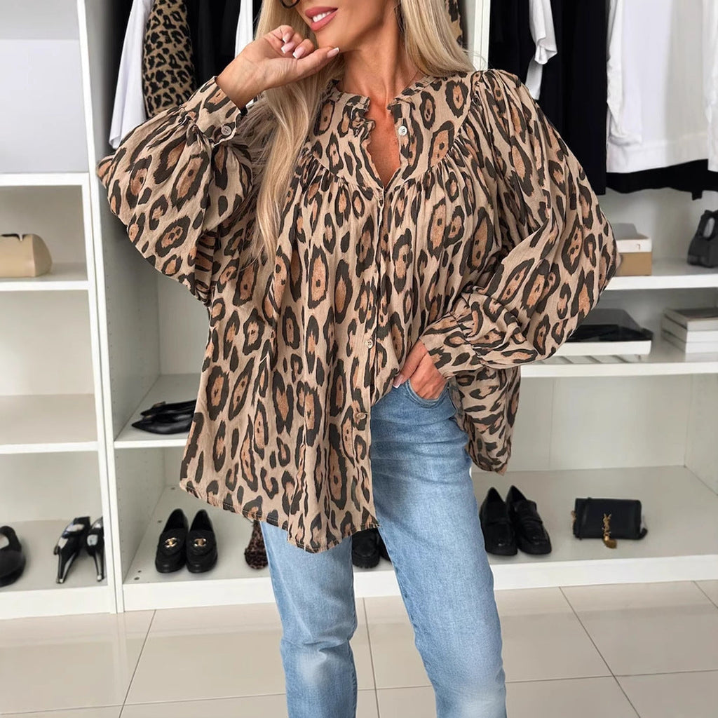 Damenbluse mit voluminösen Ärmeln und luxuriösem Leopardenmuster, Größe S