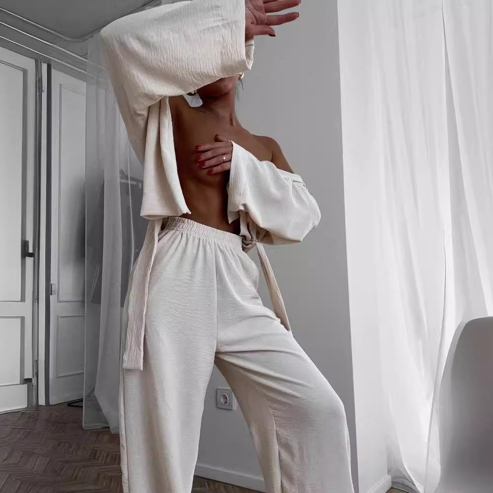 Women's casual kimono set with a wide cut and elastic waistband, size S