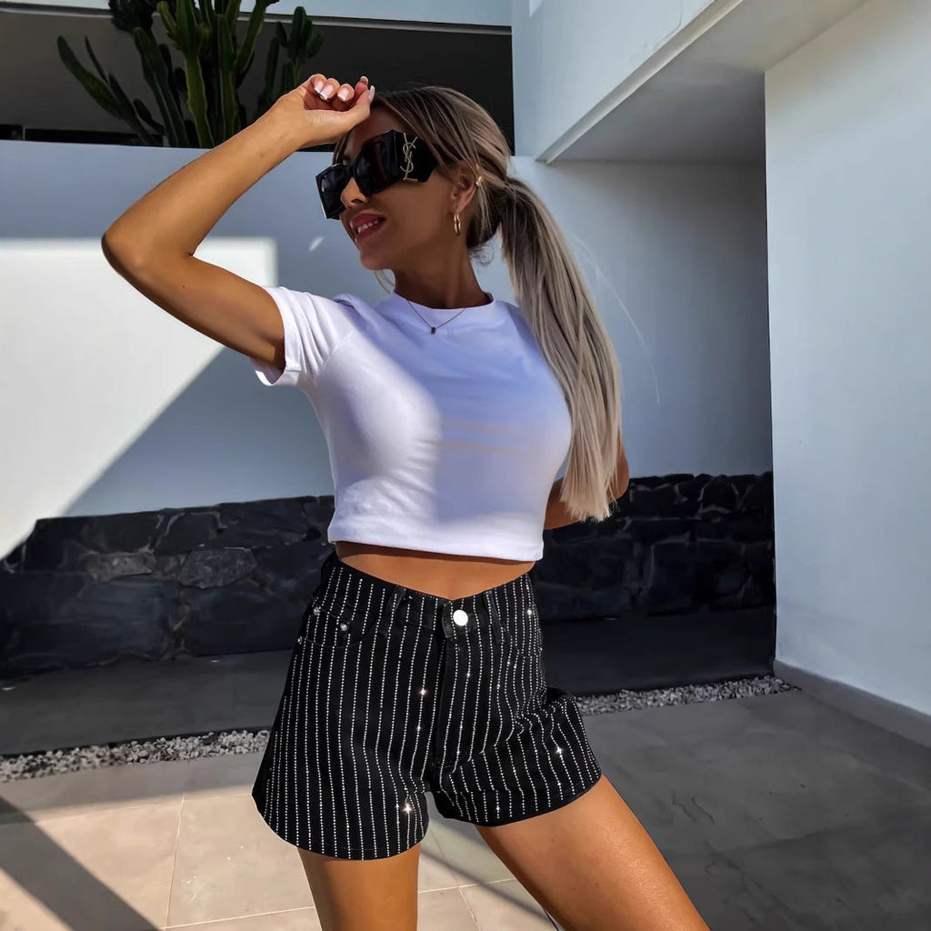 StreifenSpirit™ Damen-Denim-Shorts – Sommerliche High-Waist-Denim-Shorts mit feinem Streifenmuster, lässig & bequem