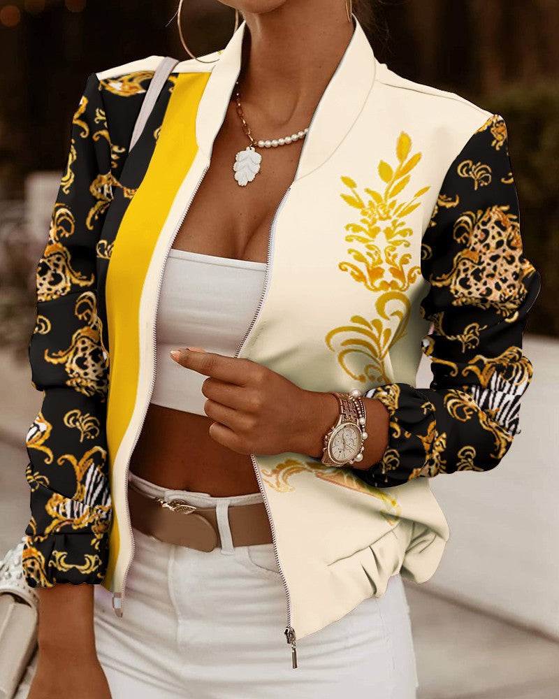 Women's sporty bomber jacket with floral design and contrasting sleeve accents, size Valenzora