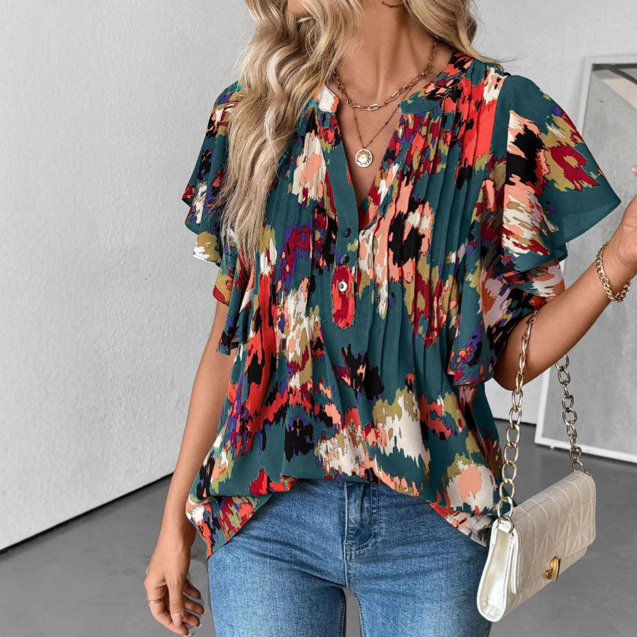 Damenbluse mit eleganten Rüschendetails und verspieltem Print, Größe S