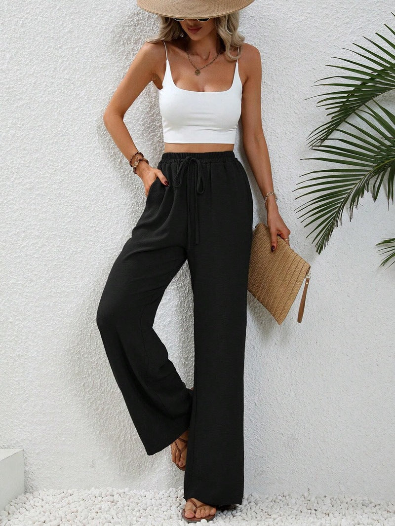 Women's elegant wide-leg trousers made from a lightweight cotton blend with elasticated waistband, size [size missing]