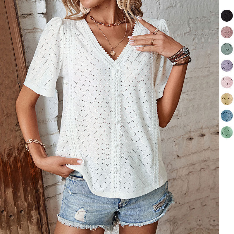 Women's blouse with elegant puff sleeves and delicate openwork pattern, size